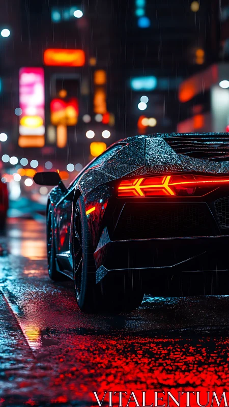 Sleek supercar idles under neon rain in a glowing cityscape.