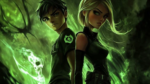 Two stylized fighters stand back to back in green glow