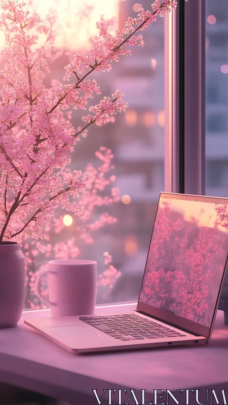 Blush-tinted workspace cradled in soft cherry blossom glow.