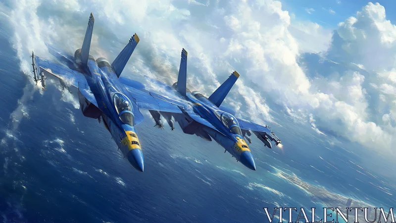 Blue jet fighters in tight formation over open ocean.