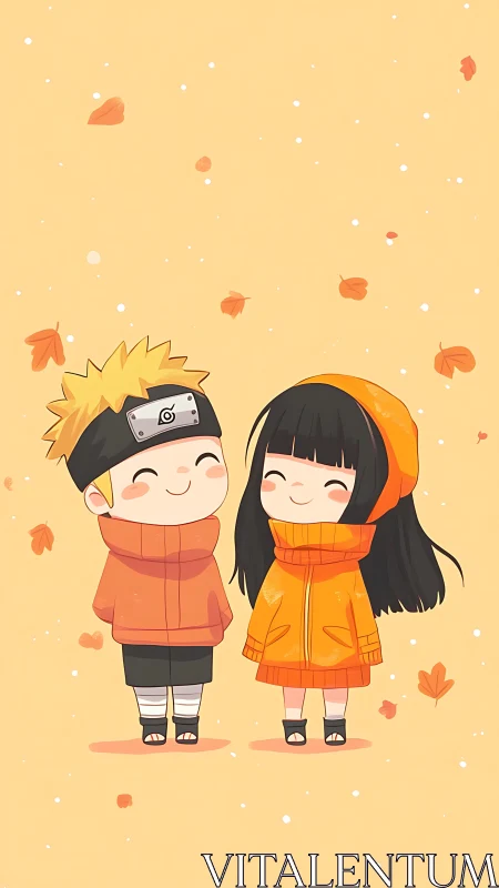 Two stylized child figures stand under falling autumn leaves