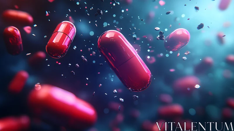Red Capsules Floating in Abstract Digital Space, Futuristic Style.