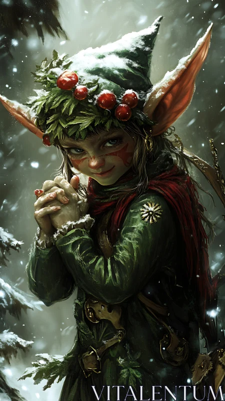 Playful winter elf with berry crown in a snowy forest.