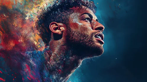 Electric athlete portrait ignites the sky with color storm.
