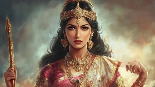 Regal warrior queen portrait with ornate Indic regalia.
