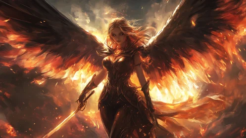 Fiery winged guardian rising from swirling embers of dusk.