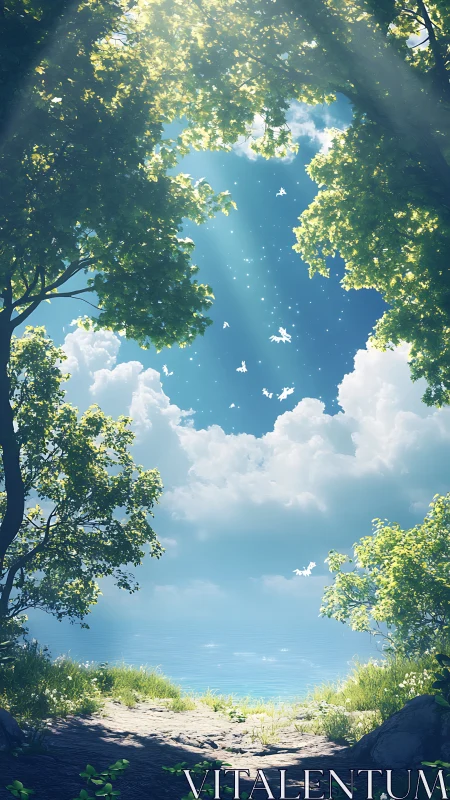 Sunlit coastal forest clearing frames volumetric sky and sea