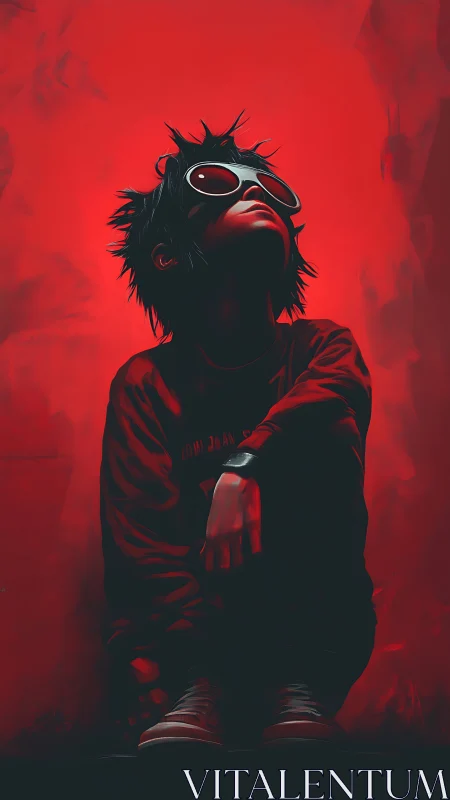 Defiant teen with visor goggles in crimson backlight.