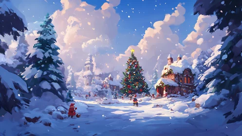 Snowy village square with decorated Christmas tree.