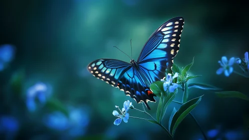 Iridescent blue butterfly hovering over soft bokeh flora.