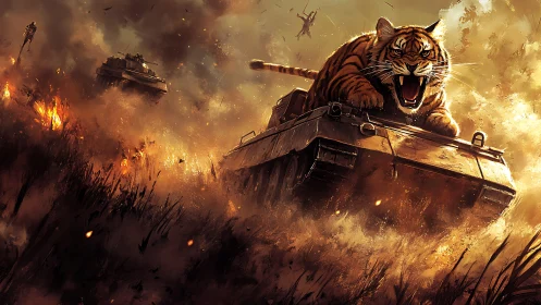 Battle roar on steel treads as a furious tiger charges war.