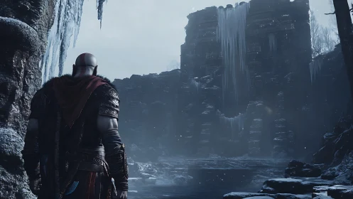 Armored warrior surveys frozen ruins beneath looming icefall