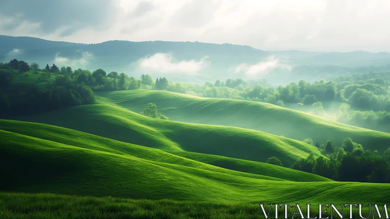 Sunlit green hills rolling softly beneath morning mist.