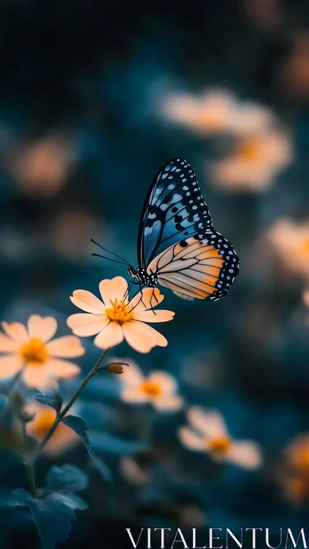 Macro photographic study of butterfly on daisy bloom in bokeh field.