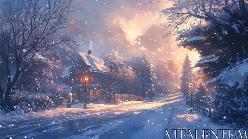 Snowlit cottage glows against a winter road of drifting embers.