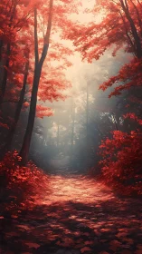 Forested pathway with red foliage and atmospheric haze.