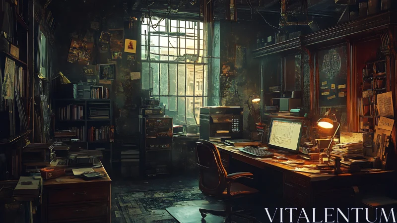Dimly lit detective office interior renders cinematic noir atmosphere