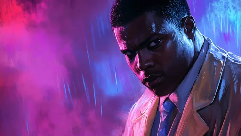 Brooding detective stands in bold neon rainlit colors
