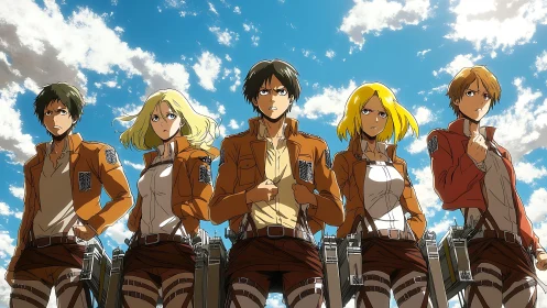 Anime squadron lineup under expansive dramatic sky lighting.