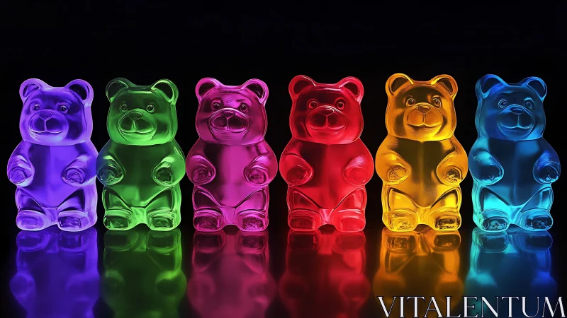 Translucent gummy bear row glows under neon studio lighting