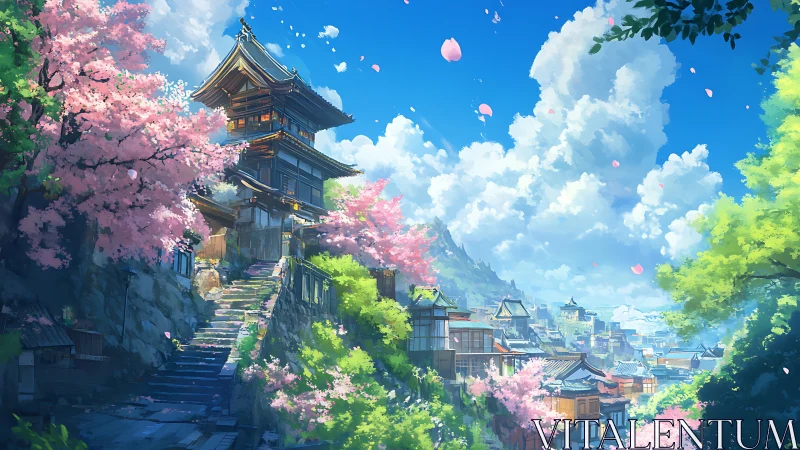 Spring hillside temple above sunlit traditional village.