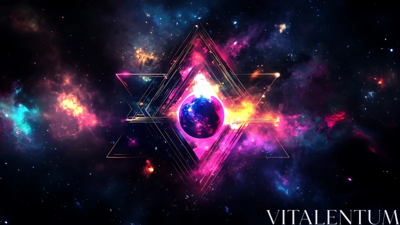 Neon cosmos prism cradling a violet planet at ignition.