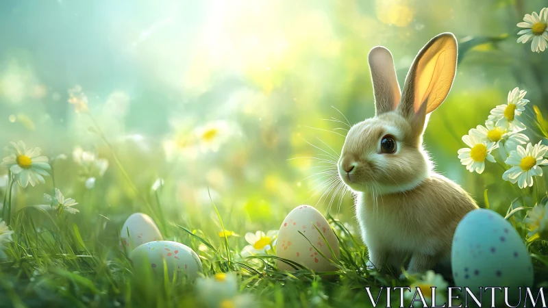Small rabbit sits in grass among colored eggs and daisies
