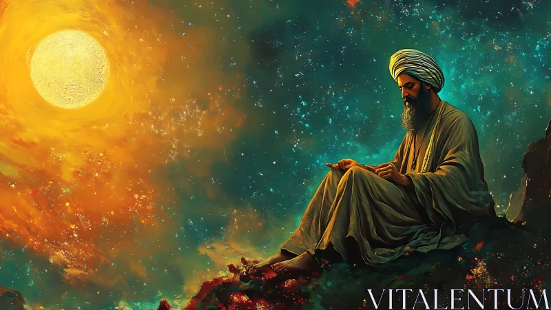 Mystic sage contemplates radiant cosmic sun over cliffs