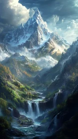 Snowy mountain range towers above layered waterfalls