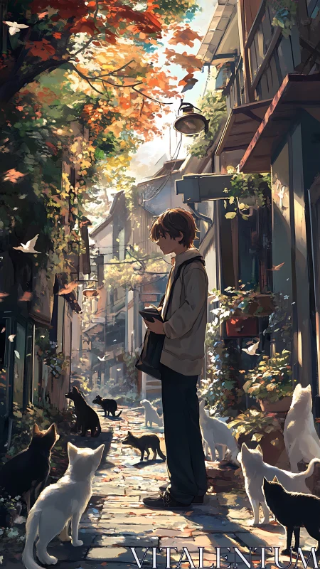 Golden alley stroll with curious cats and quiet sunlight.