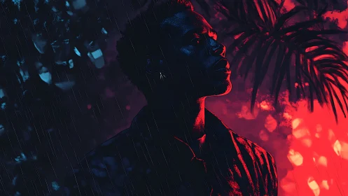 Neon backlit portrait isolates silhouette in blue red rim lighting