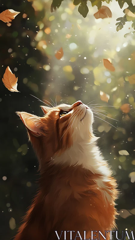Cat Chasing Autumn Leaves in Golden Sunlight.