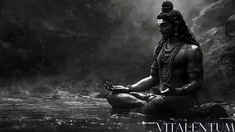 Seated deity statue in monochrome riverside environment.