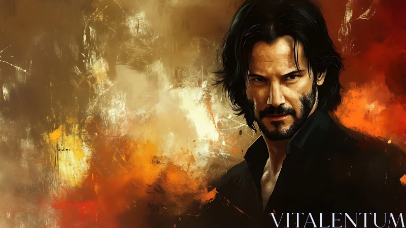 Smoldering gaze carves calm shadows through painted fire