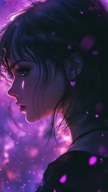 Luminous profile of wistful girl in violet bokeh haze.