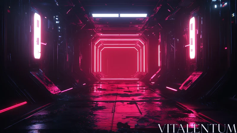 Neon sci fi corridor glows with reflective wet metal surfaces