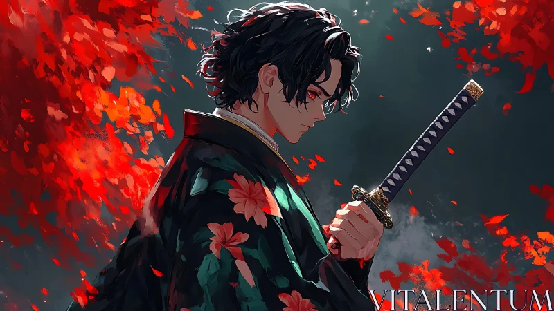 Calm swordsman stands in red petals, ready yet reflective