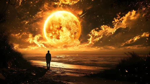 Silhouette on shore under giant glowing celestial sphere.