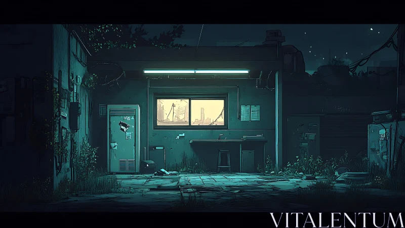 Deserted industrial workshop lit by neon cyan and amber glow.