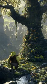 Ogre silhouette surveys luminous valley under monumental tree