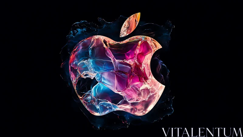 Shimmering glass apple glows with swirling neon color magic.