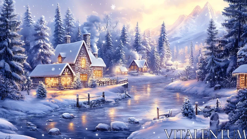 Snowy riverside cabins glow under golden winter twilight.