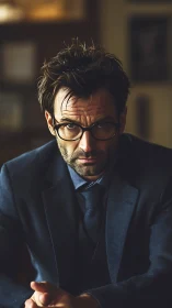 Man in dark blue suit stares forward with intense focus