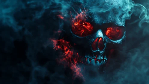 Digital painting skull with infernal fire core and cold haze.