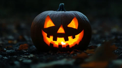 Grinning jack o lantern glows warmly on a dark autumn night