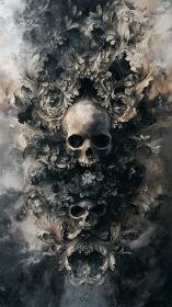 Baroque smoke curls into a vertical tower of skulls