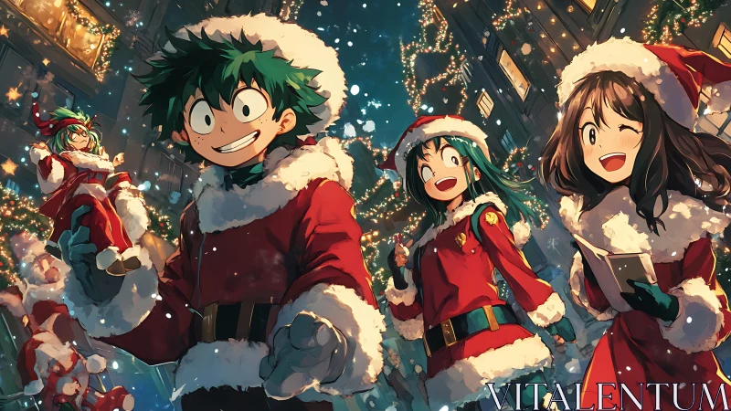 Anime Christmas street scene captures joyful festive ensemble