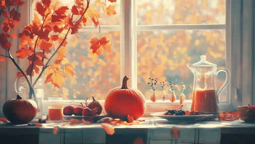 Golden autumn window scene glows with pumpkins and leaves