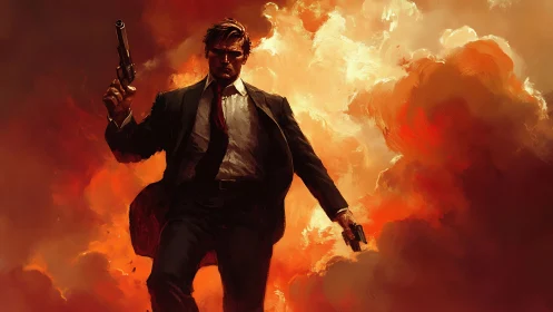 Gunmetal gentleman strides through molten sunset chaos.