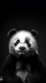 Softly lit panda portrait poised in velvety monochrome glow.